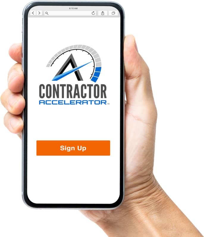 Phone in hand showing Contractor Accelerator logo and sign up button