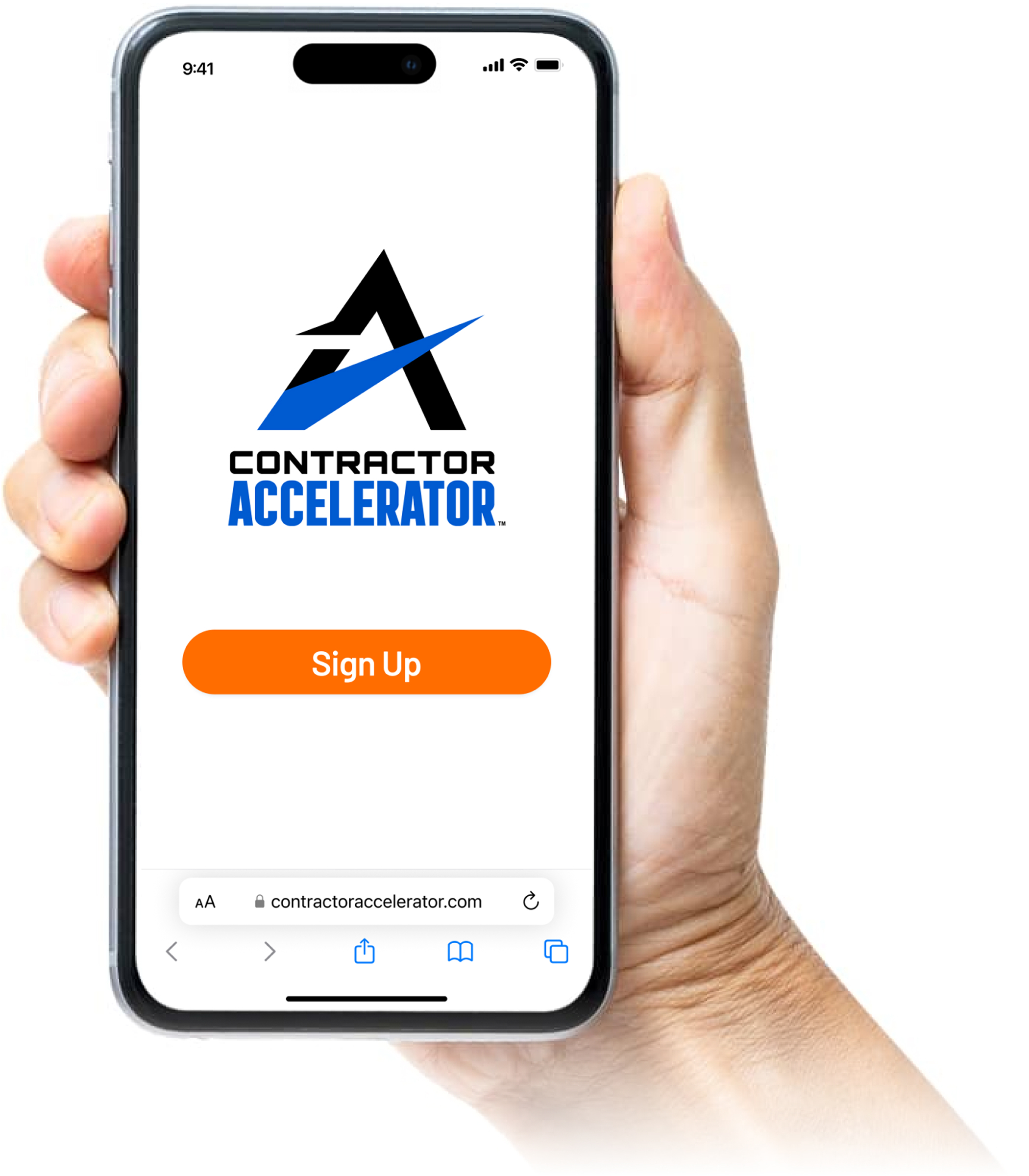Phone in hand showing Contractor Accelerator logo and sign up button