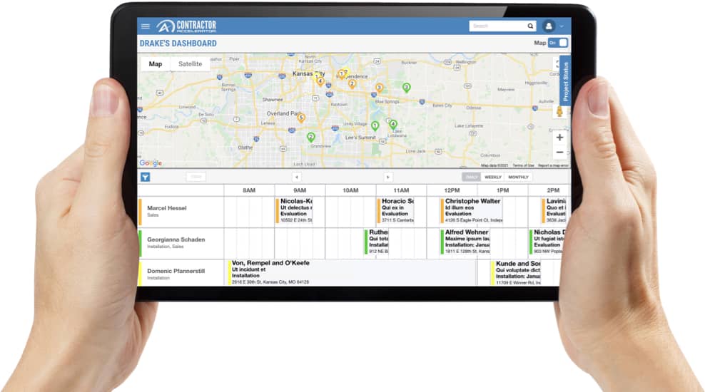 Tablet held in two hands showing Contractor Accelerator dashboard