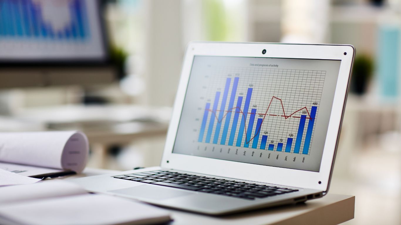 Contractor CRM dashboard on a laptop showing charts used to organize customer data and prepare for appointments.