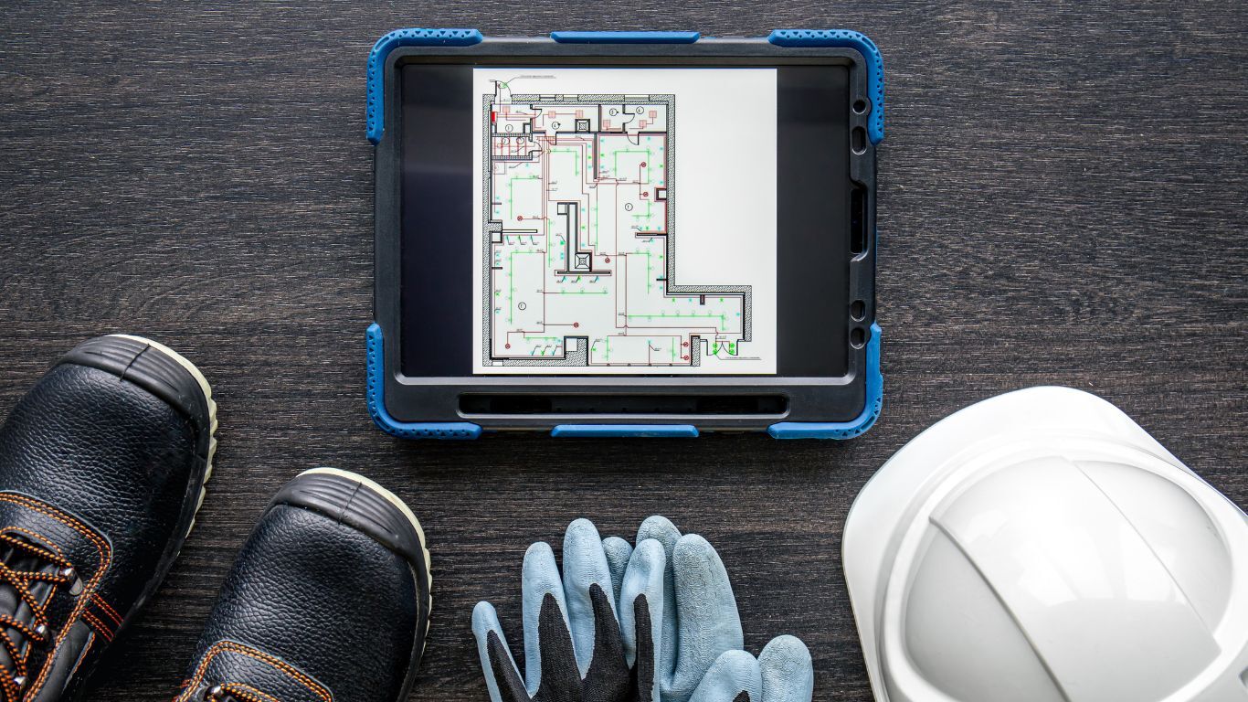 Tablet displaying a construction blueprint with safety gear, highlighting field service technology on the jobsite.