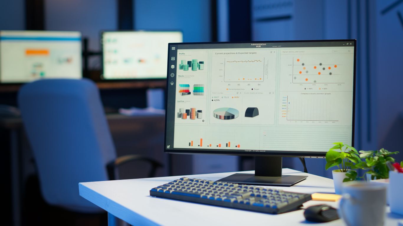Computer dashboard with forecasts and charts illustrating construction CRM features for sales management.